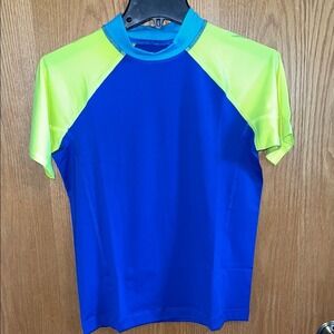 Lands' End Kids Rash Guard Swim Shirt Top Blue Neon Yellow Size L (10-12)